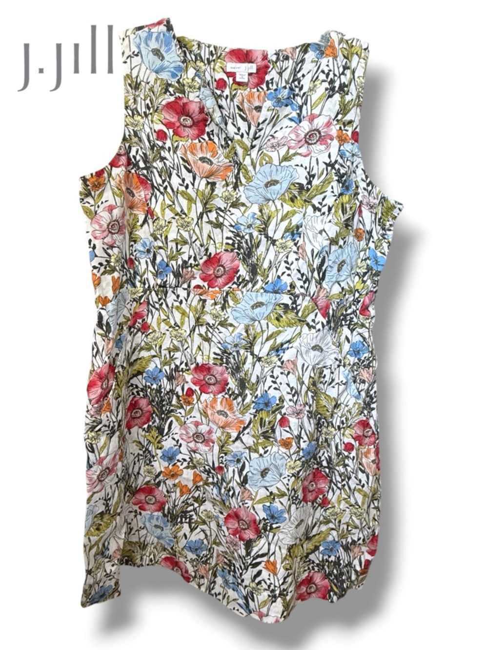 J. Jill Love Linen Dress Floral Sleeveless Botanical Pockets Shift | Med Petite